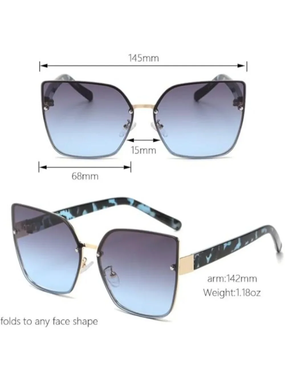 Women Square Sunglasses Rimless Design Metal Frame Gold UV Protection Grey Blue